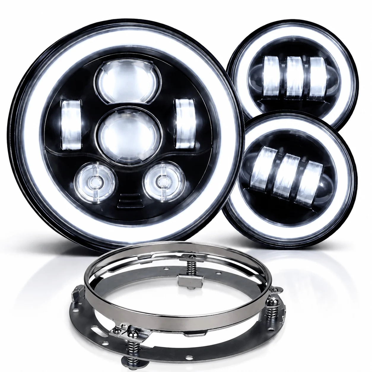 Eagle Lights 7" LED Headlight and 4.5" LED Passing Light Kit with Halo Rings for Harley-Davidson® & Indian® Motorcycles - Generation III / Black / Halo Ring - Image 12