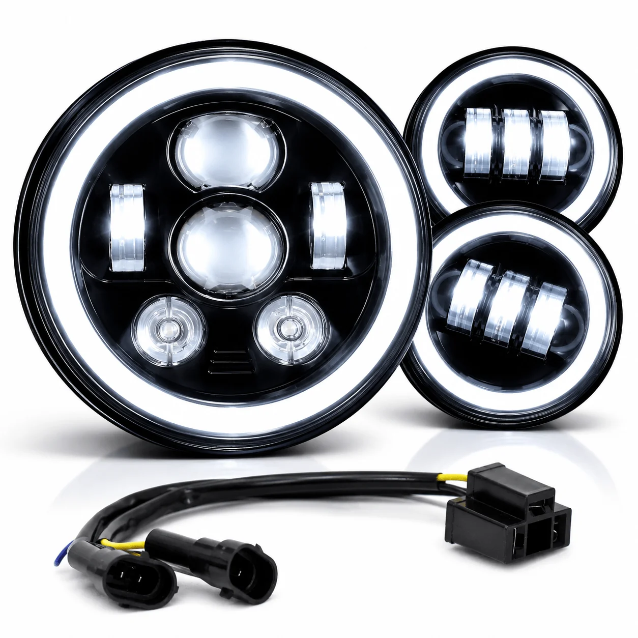 Eagle Lights 7" LED Headlight and 4.5" LED Passing Light Kit with Halo Rings for Harley-Davidson® & Indian® Motorcycles - Generation III / Black / Halo Ring - Image 13