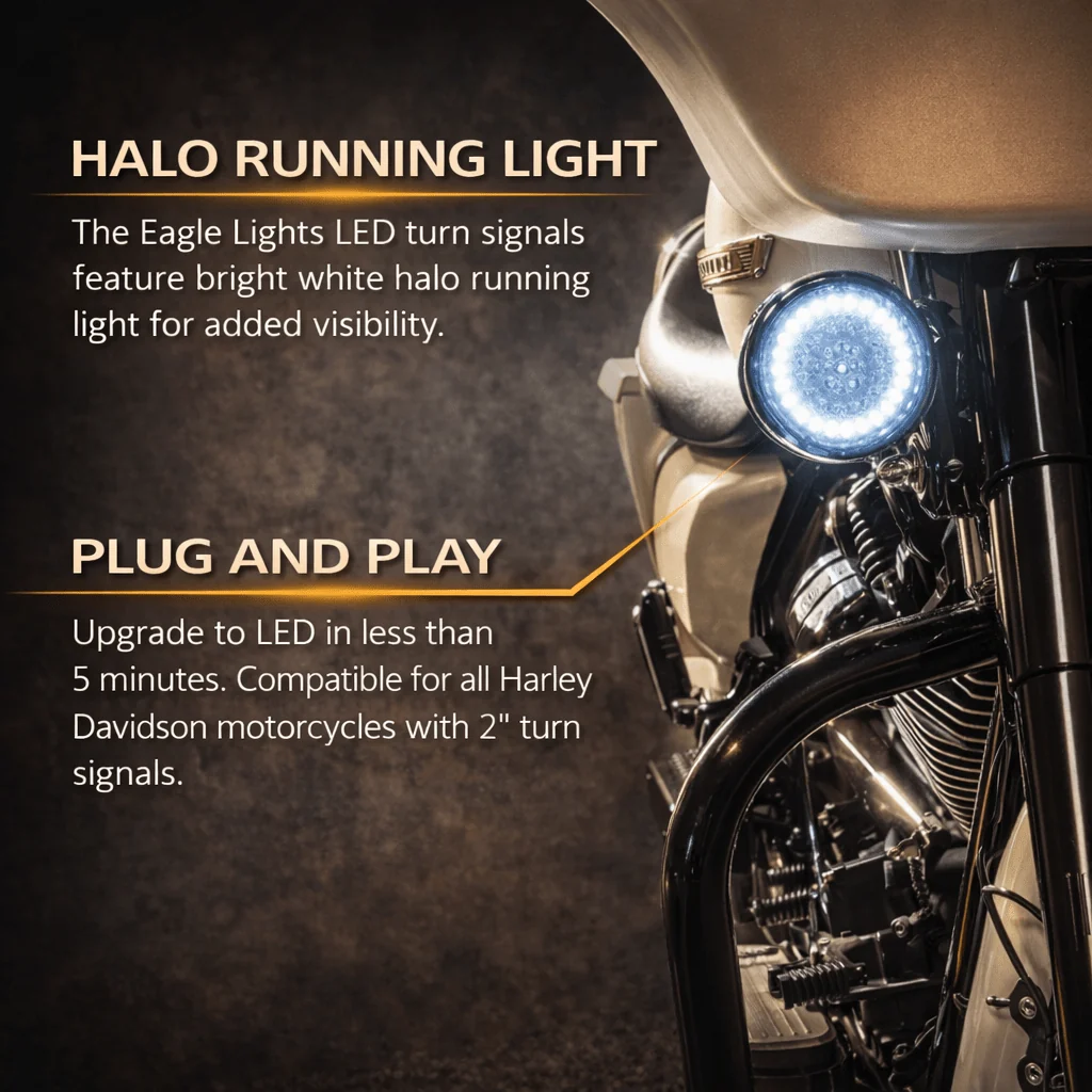 Eagle Lights 2” Front LED Turn Signal with Halo Running Light Kit for Harley-Davidson® - White Halo Ring / Amber Turn Signal / 1157 Base - Image 7