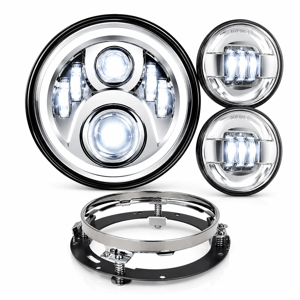 Eagle Lights 7" LED Headlight and 4.5" LED Passing Light Kit for Harley-Davidson and Indian Motorcycles - Generation II / Chrome - Image 11