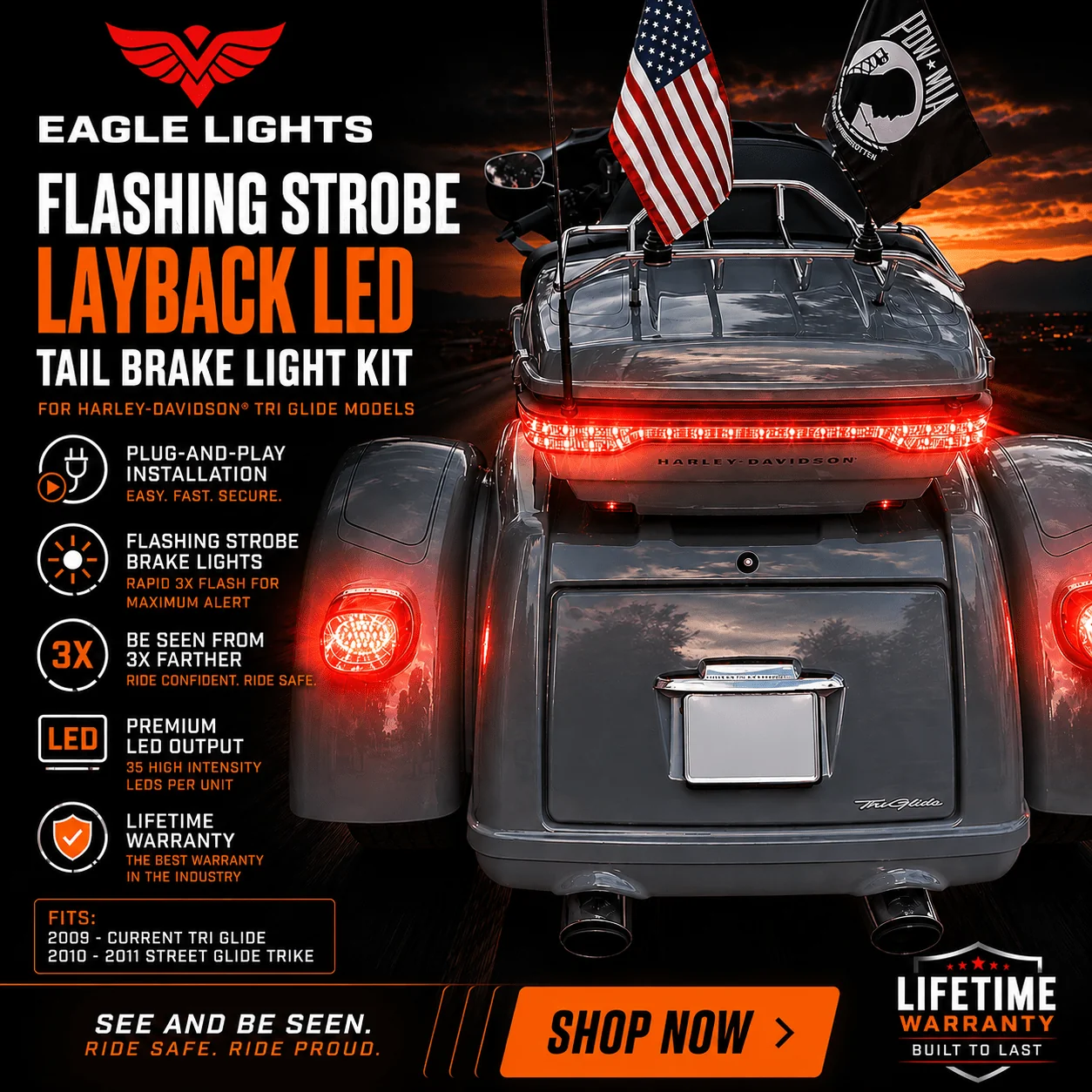 Eagle Lights Flashing Strobe Layback LED Tail Brake Light Kit for Harley-Davidson® Tri Glide Models - Image 3