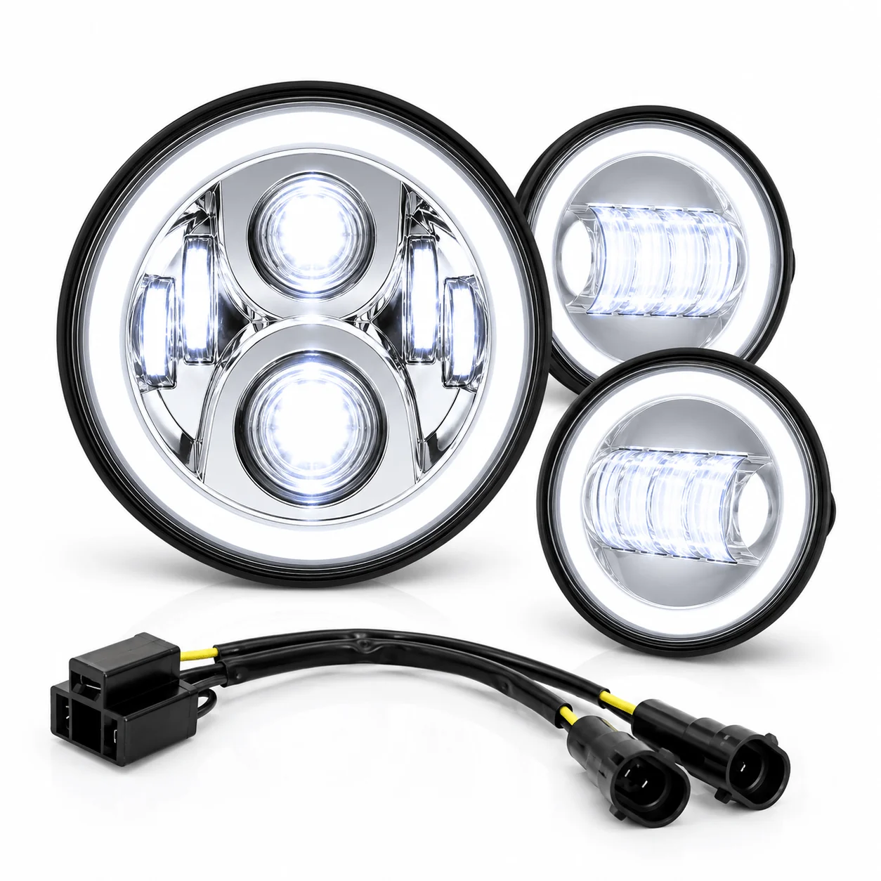 Eagle Lights 7" LED Headlight and 4.5" LED Passing Light Kit with Halo Rings for Harley-Davidson® & Indian® Motorcycles - Generation II / Chrome / Halo Ring - Image 12