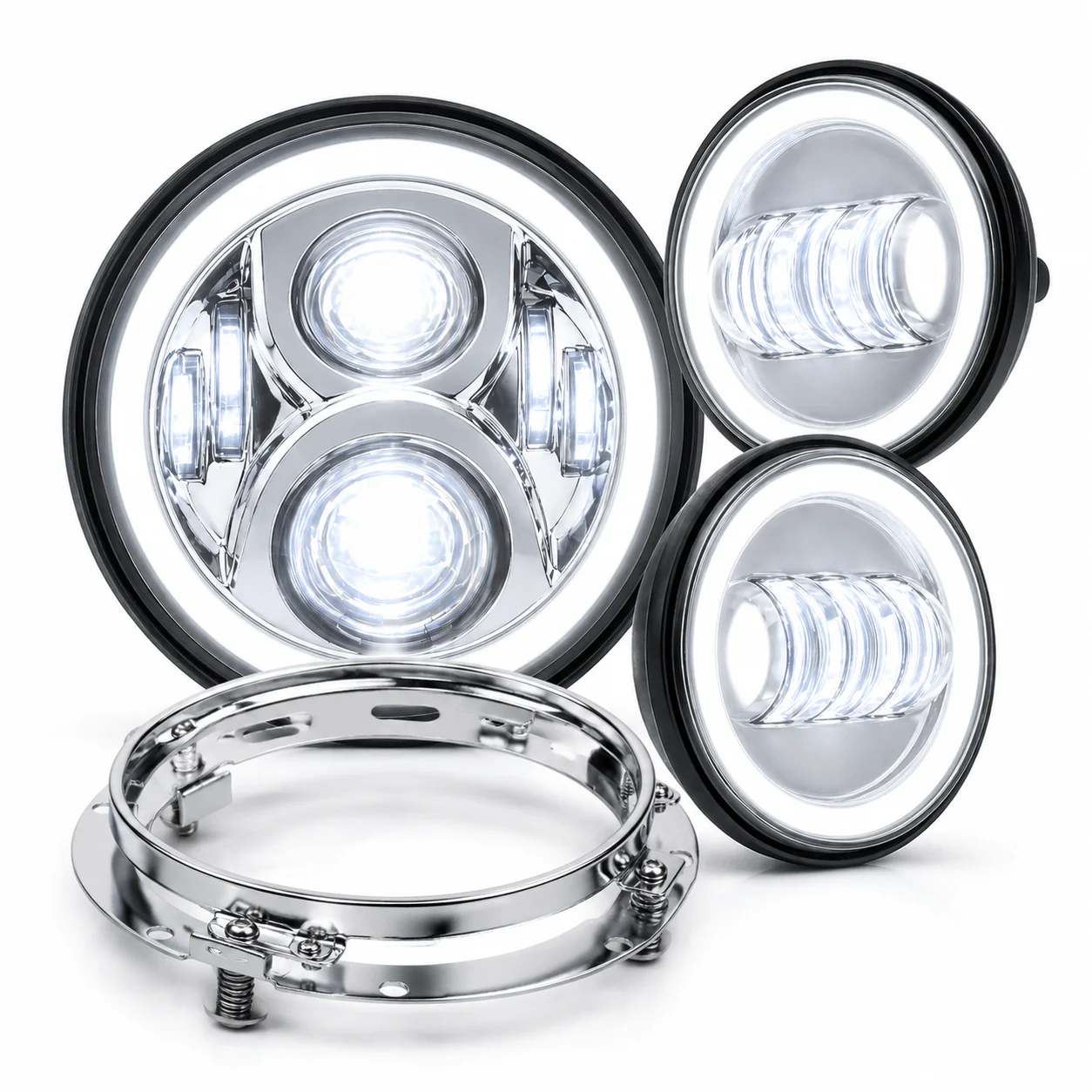 Eagle Lights 7" LED Headlight and 4.5" LED Passing Light Kit with Halo Rings for Harley-Davidson® & Indian® Motorcycles - Generation II / Chrome / Halo Ring - Image 13